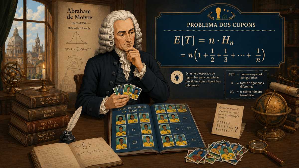 Abraham de Moivre e o problema dos cupons aplicado às figurinhas do álbum da Copa do Mundo. Imagem gerada por inteligência artificial.