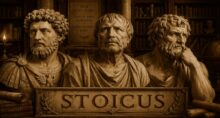 Efígies de Marco Aurélio, Sêneca e Epicteto, filósofos estoicos, em uma biblioteca.