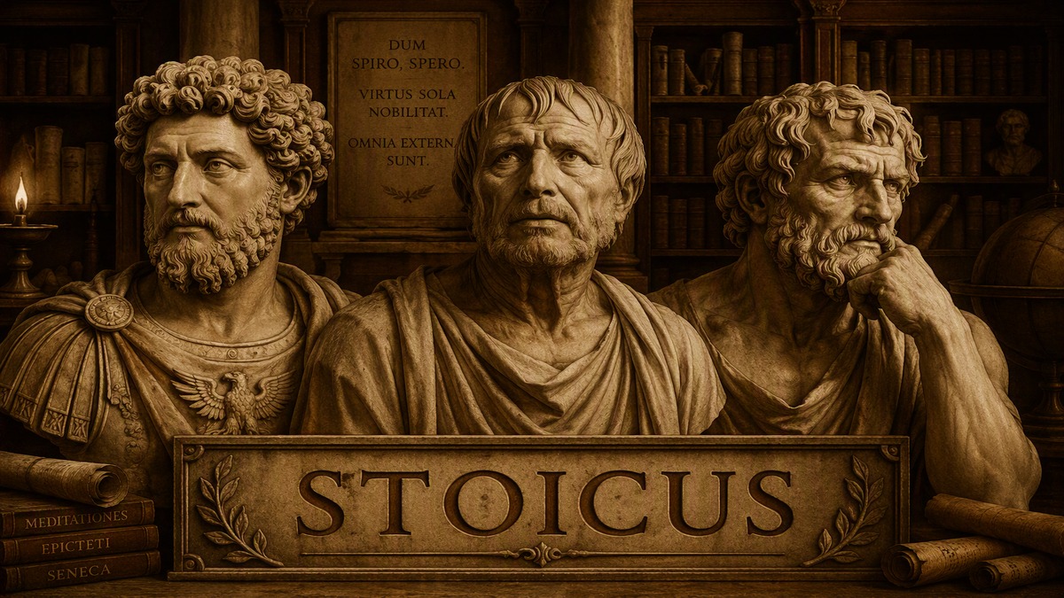 Efígies de Marco Aurélio, Sêneca e Epicteto, filósofos estoicos, em uma biblioteca.