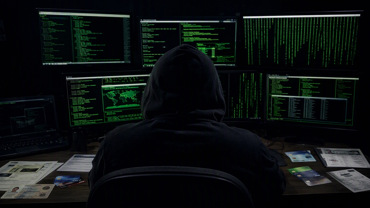 Hacker observa telas de computadores. Sobre a mesa, diversos documentos para a aplicação de golpes e fraudes.