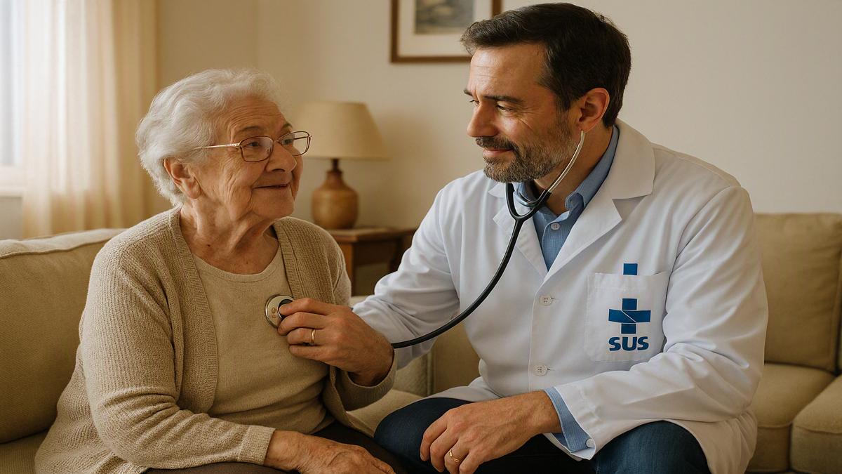 Médico com uniforme do SUS trata paciente idosa.