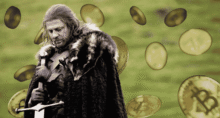Ned Stark, personagem do Game Of Thrones, com uma chuva de criptomoedas ao fundo (Imagem: Montagem Money Times/ Divulgação HBO/ Canva Pro)