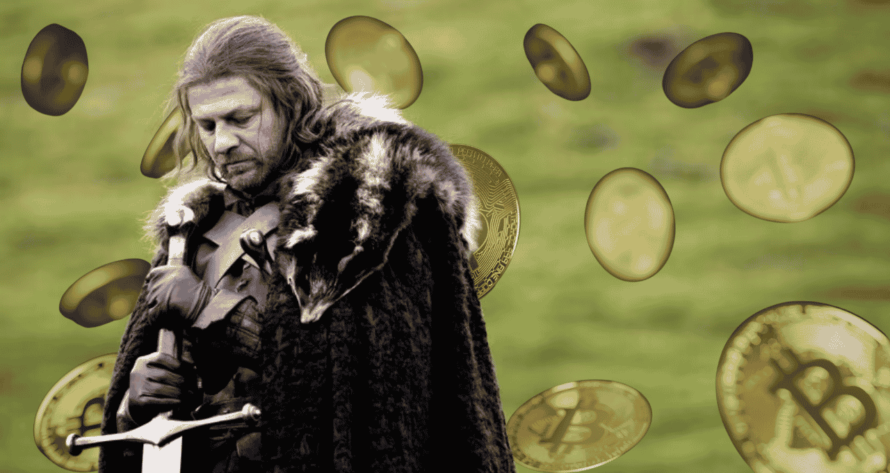 Ned Stark, personagem do Game Of Thrones, com uma chuva de criptomoedas ao fundo (Imagem: Montagem Money Times/ Divulgação HBO/ Canva Pro)