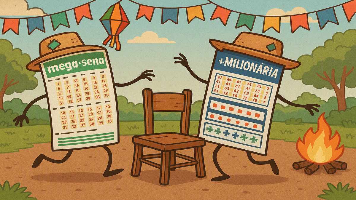 Bilhetes da Mega-Sena e da +Milionária brincam de dança das cadeiras em clima de festa junina.