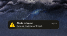 Montagem de imagem de tempestade com falso alerta da defesa civil com a palavra "misantropia"