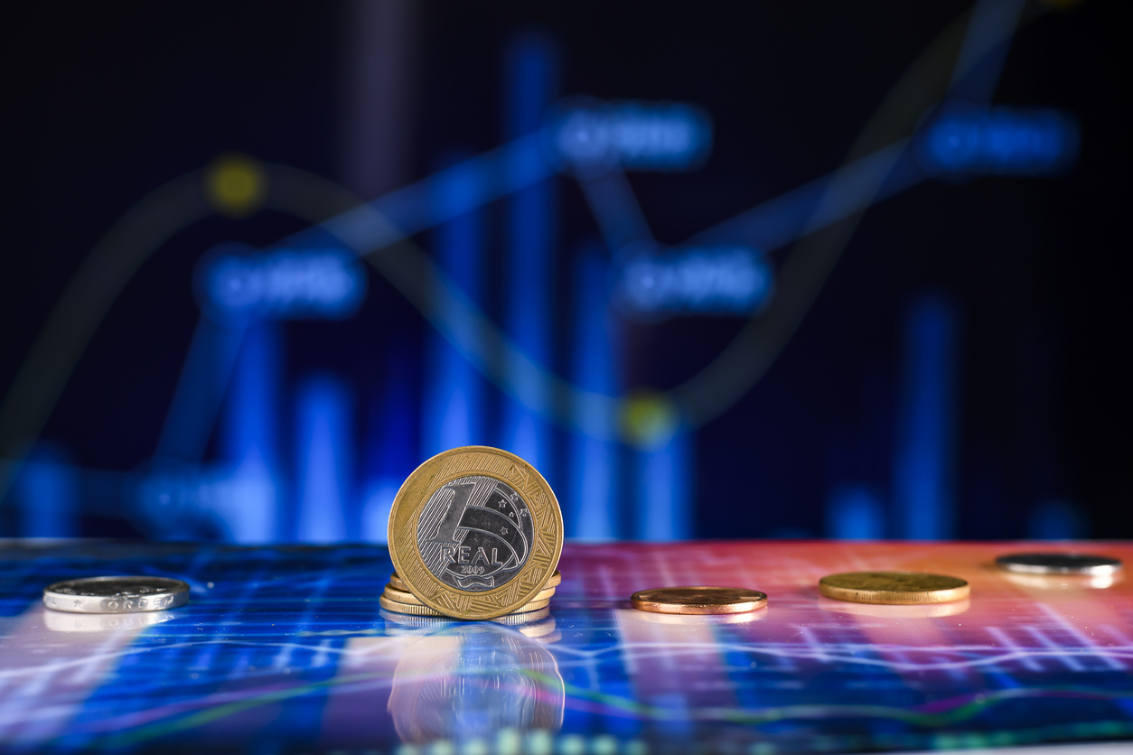 Brazilian money currency, over a financial chart, symbol of economy and financial market