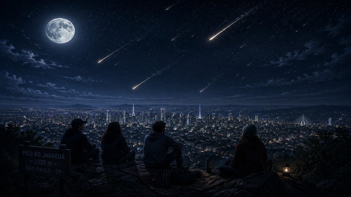 Chuva de meteoros em noite de lua cheia com a cidade de São Paulo ao fundo.