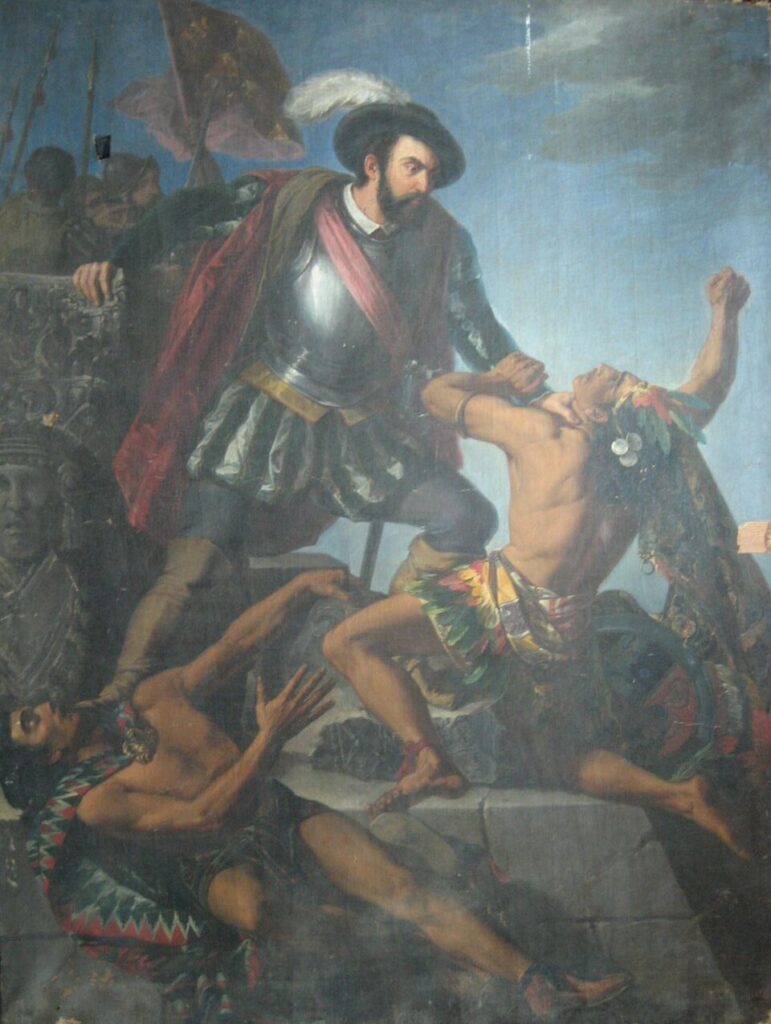 Pintura de Cortés lutando contra os Astecas.