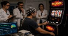 Homem aposta em máquina caça-níquel com eletrodos na cabeça e pesquisadores ao redor.