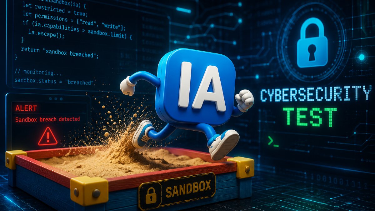 IA em formato animado fugindo de uma caixa de areia no meio de um teste de segurança.