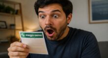 Apostador olha espantado para bilhete da Mega-Sena.