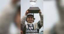 Nelson Piquet ergue troféu após vitória na Fórmula 1