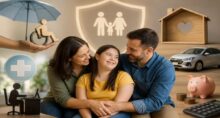 Pai e mãe com filha com síndrome de down e elementos que falam sobre direitos.