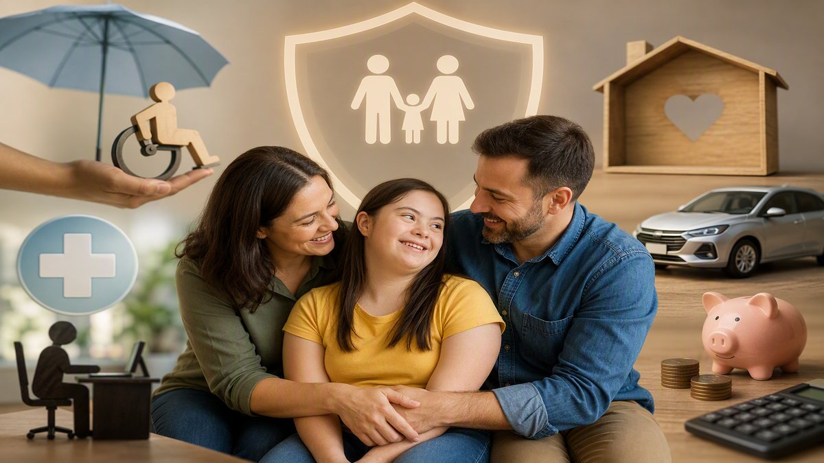 Pai e mãe com filha com síndrome de down e elementos que falam sobre direitos.