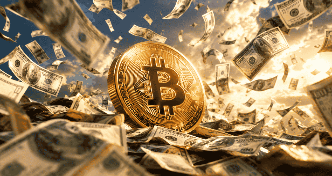 Bitcoin (BTC) na chuva de dinheiro (Imagem: ChatGPT)