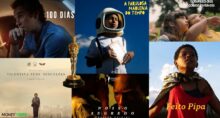 Colagem com cenas dos seis filmes finalistas da seleção brasileira para o Oscar 2027: "100 Dias", "A Fabulosa Máquina do Tempo", "A Natureza das Coisas Invisíveis", "Vicentina Pede Desculpas", "Nosso Segredo" e "Feito Pipa", ao lado de uma estatueta do Oscar.