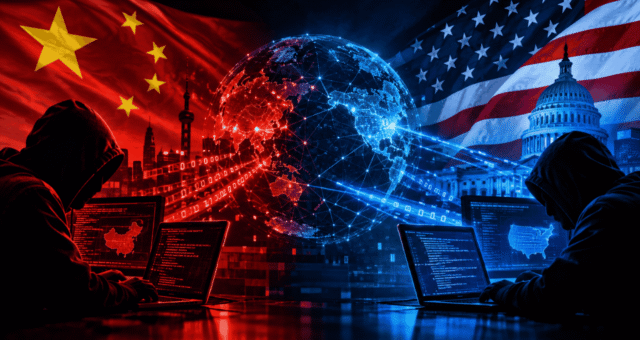 Disputa cibernética entre Estados Unidos e China (Imagem: ChatGPT)