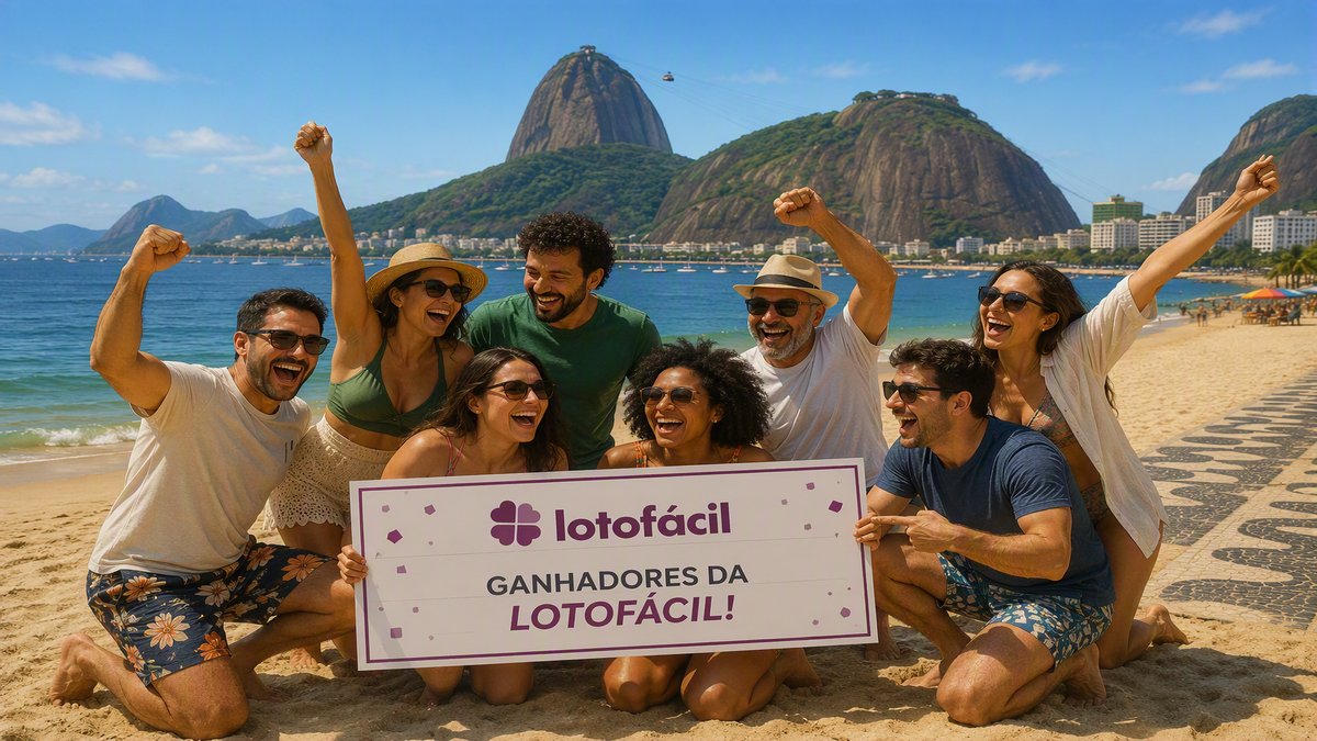 Apostadores comemoram prêmio da Lotofácil com o Pão de Açúcar ao fundo.