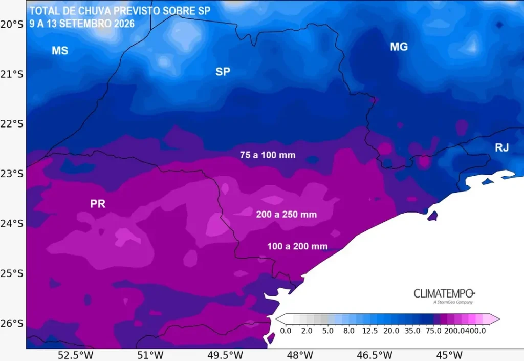 Previsão da chuva acumulada em SP entre 9 e 12 de setembro.