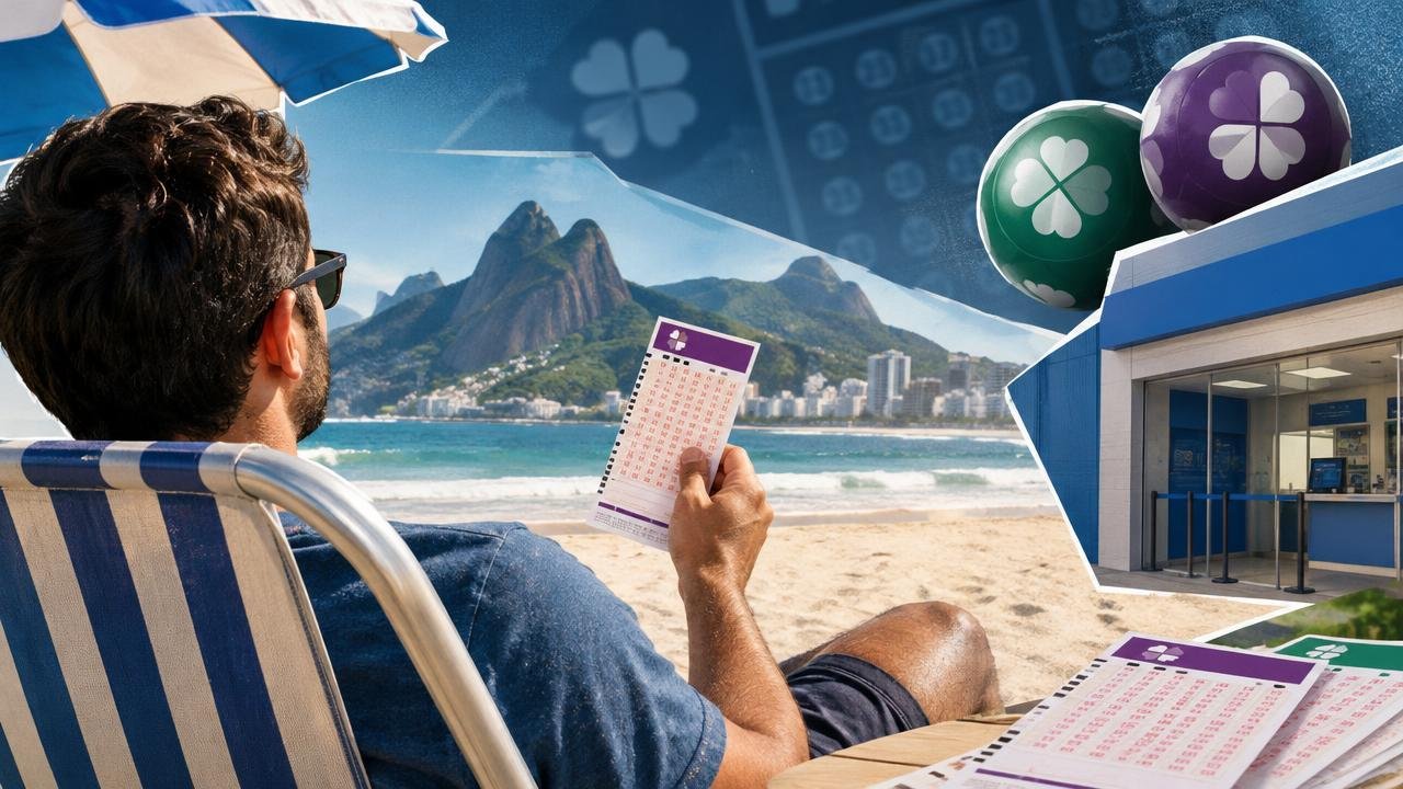 Homem de costas segura um volante da Lotofácil em uma praia, com uma casa lotérica e bolas coloridas ao fundo.