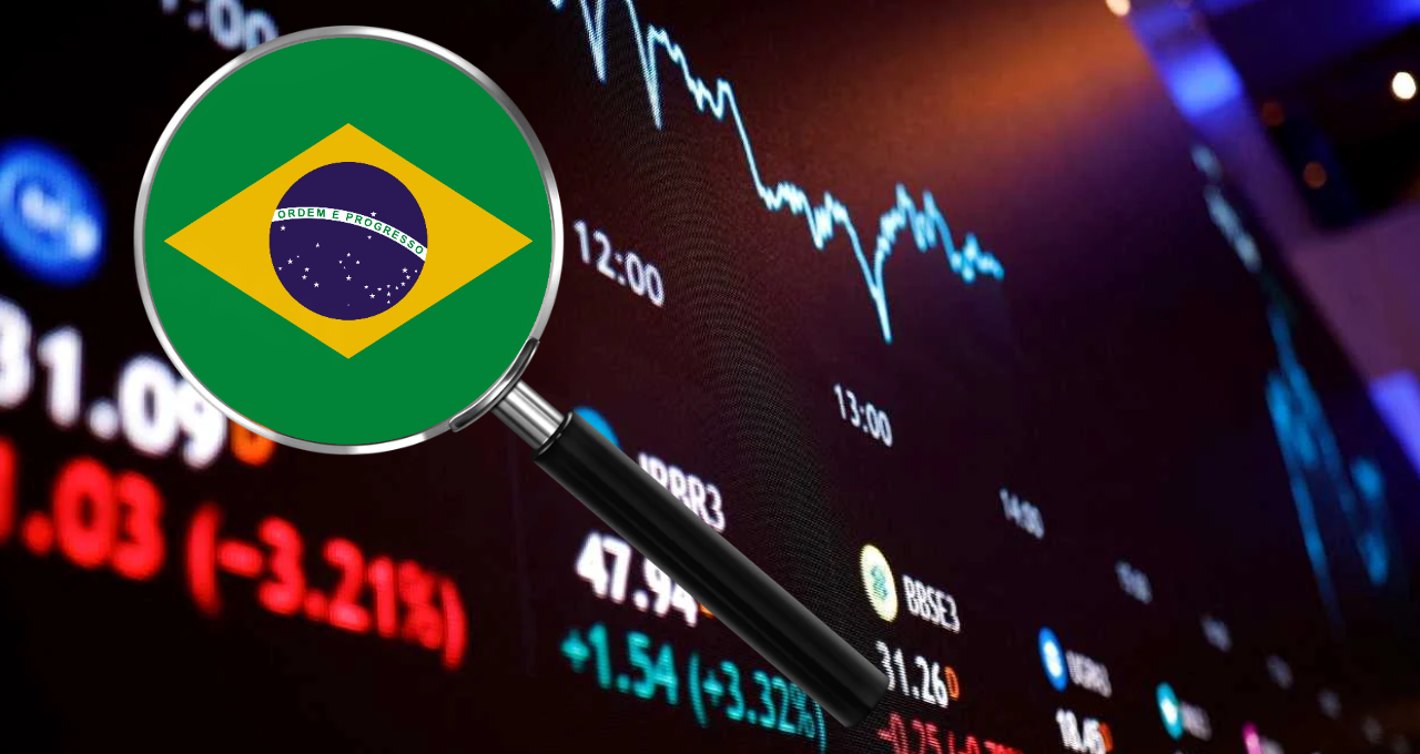 Montagem com um fundo de gráfico de ações e a bandeira do Brasil dentro de uma lupa
